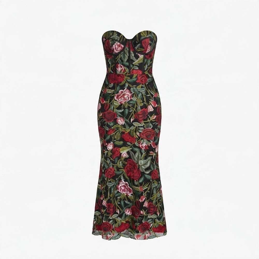 Mac Duggal Sheer Bustier Top Floral Applique Gown Size 6 Black Multi